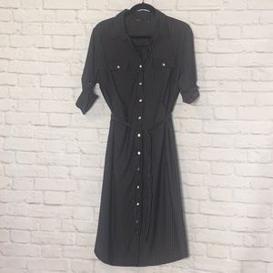 Mid length black pinstripe dress w/tie belt